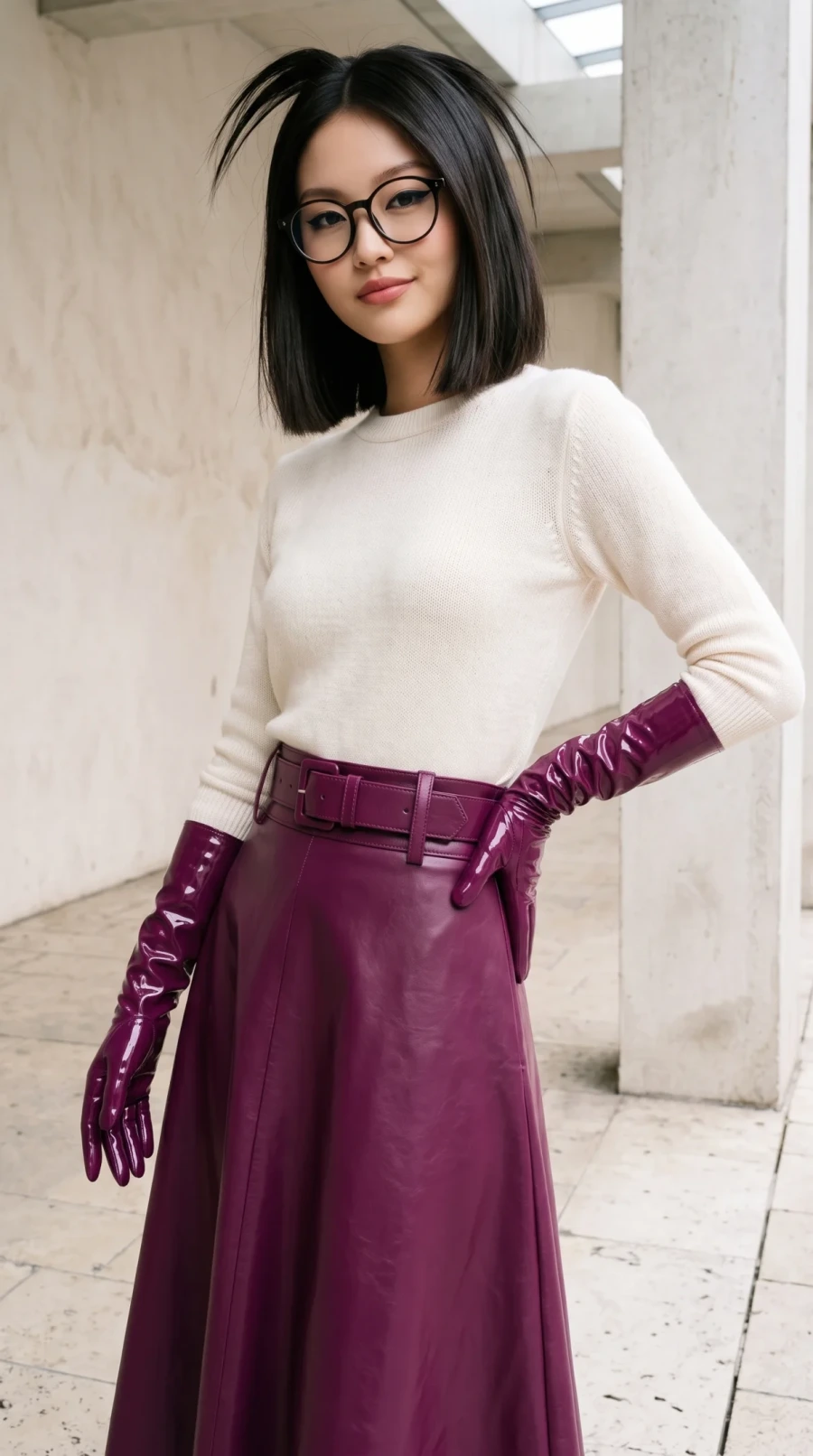 Burgundy Leather Skirt & Glossy Gloves - Image 12
