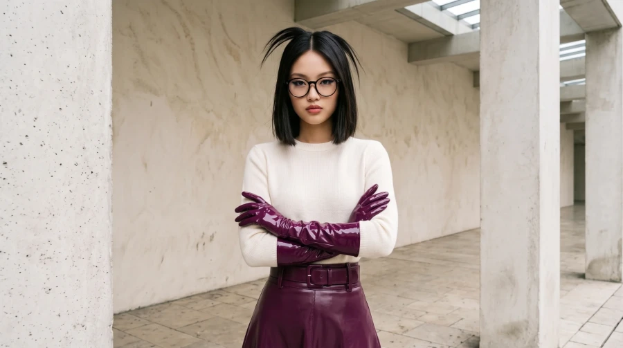 Burgundy Leather Skirt & Glossy Gloves - Image 4