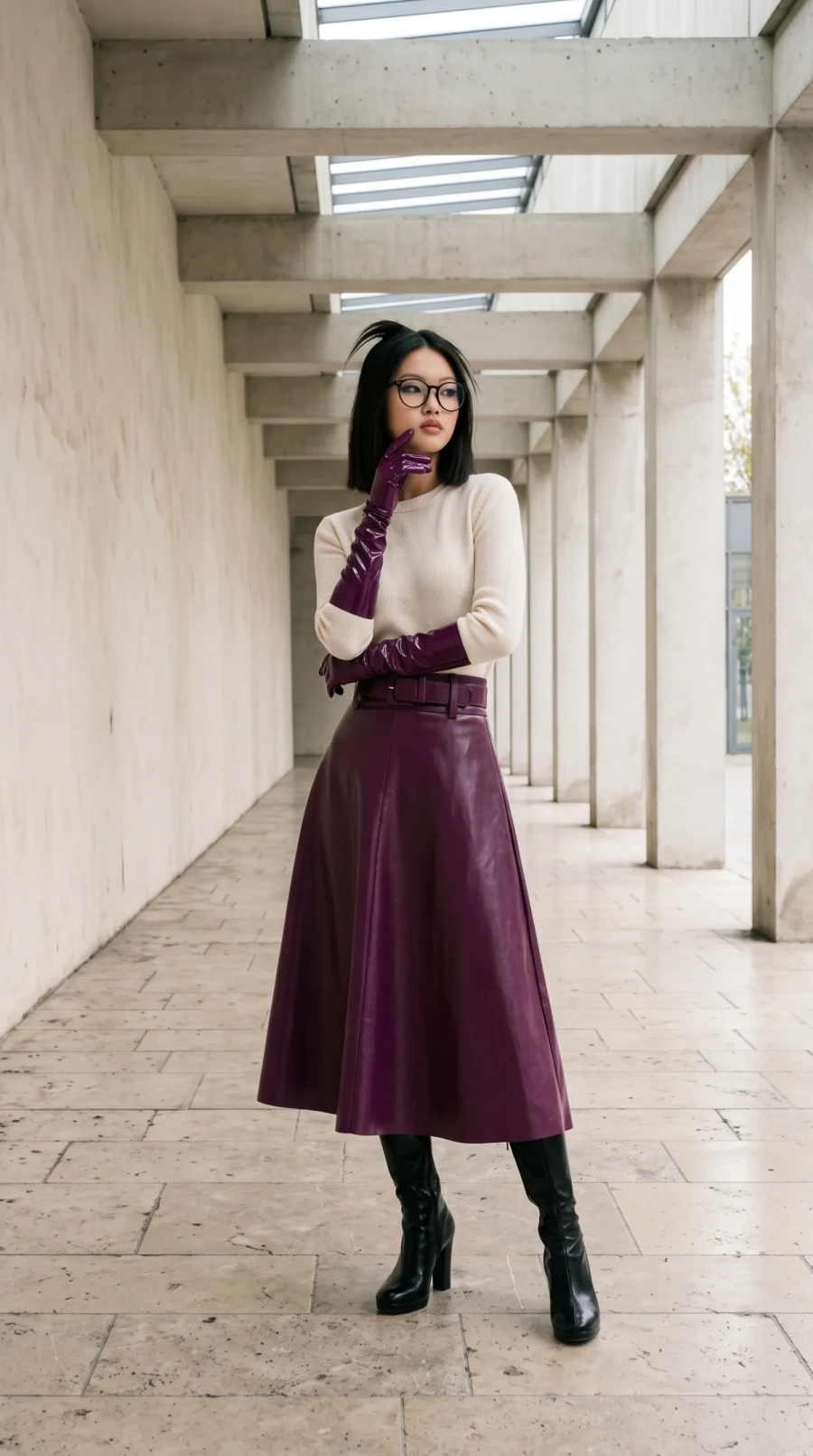 Burgundy Leather Skirt & Glossy Gloves - Image 14